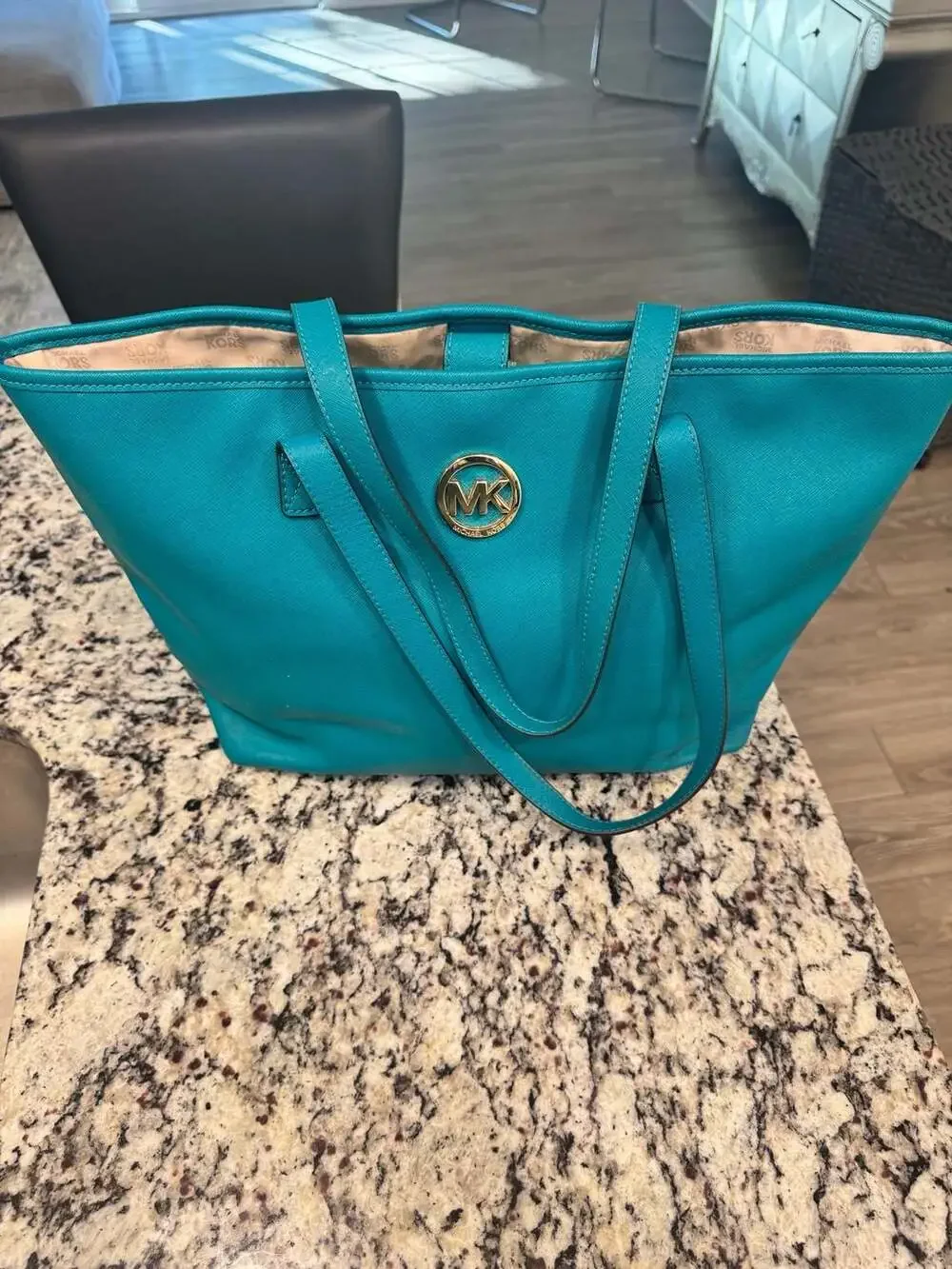 Michael Kors Jet Set Travel Tote Teal Saffiano Leather Shoulder Bag Purse